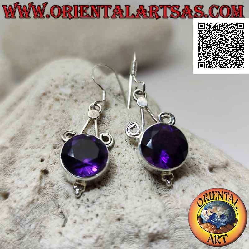 Silver leverback earrings with round faceted amethyst hooked to two and with trio of balls underneath