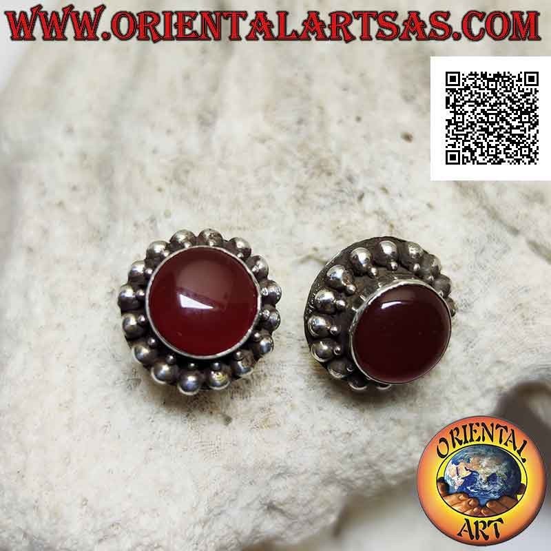 Silver lobe earrings with round cabochon carnelian surrounded by silver spheres