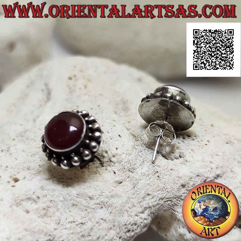 Silver lobe earrings with round cabochon carnelian surrounded by silver spheres