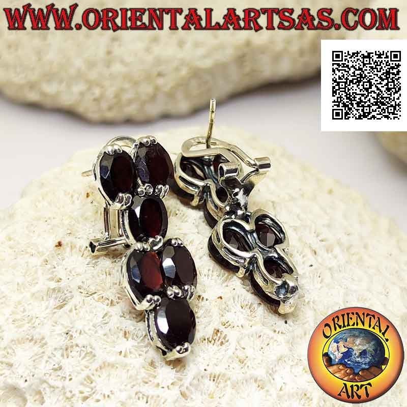 Silver earrings with six faceted oval garnets set alternating with 2 and 1