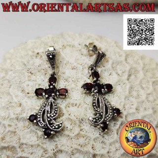 Silver earrings with set garnets and triple band studded with marcasite