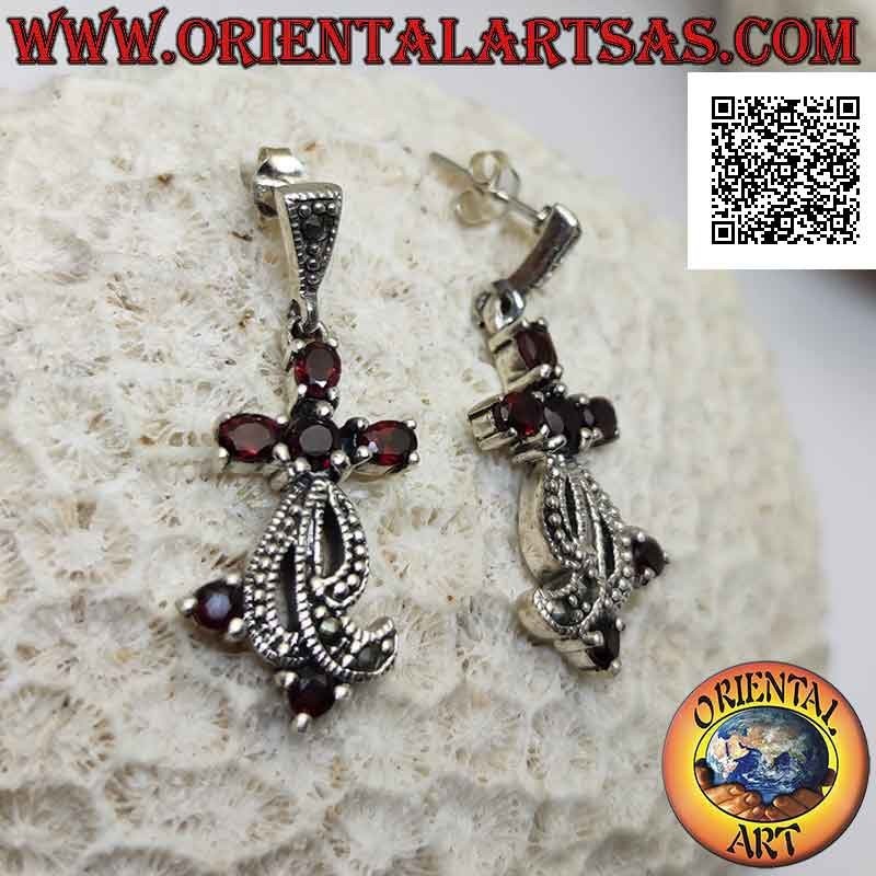 Silver earrings with set garnets and triple band studded with marcasite