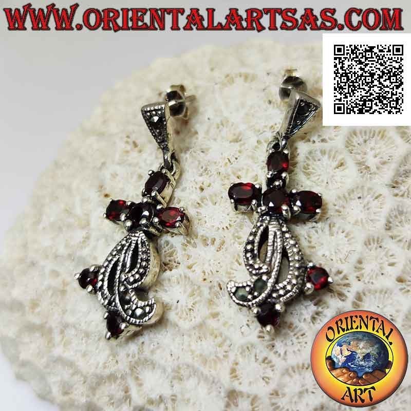 Silver earrings with set garnets and triple band studded with marcasite