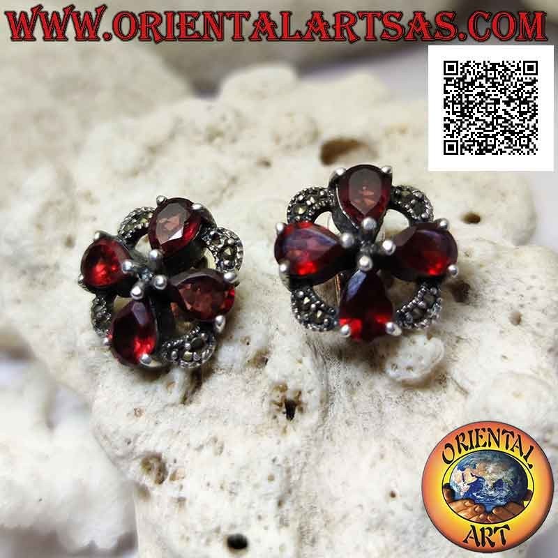 Silver earrings, cross of 4 drop-shaped garnets set on a circle studded with marcasite