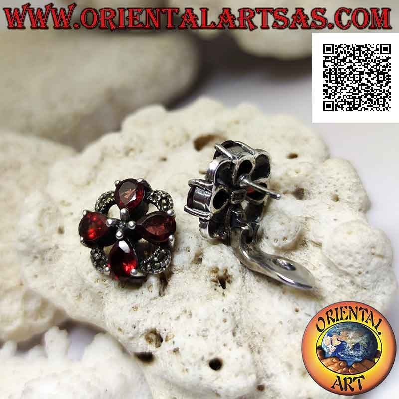 Silver earrings, cross of 4 drop-shaped garnets set on a circle studded with marcasite