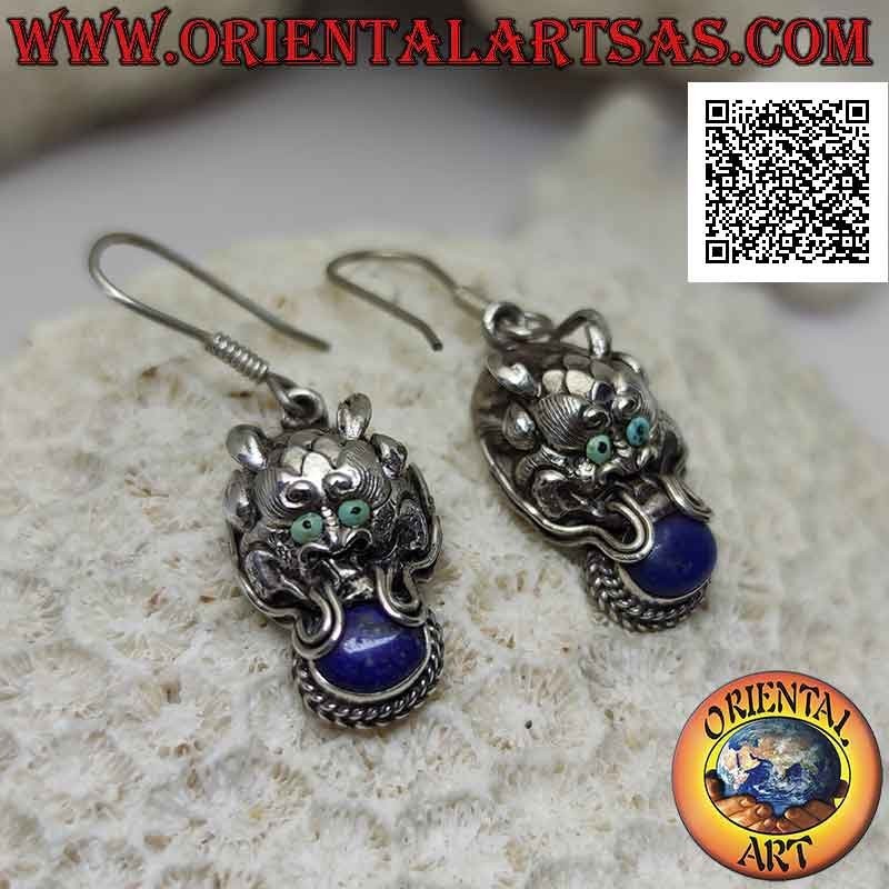 Nepalese dragon-shaped silver earrings with oval lapis lazuli in the mouth