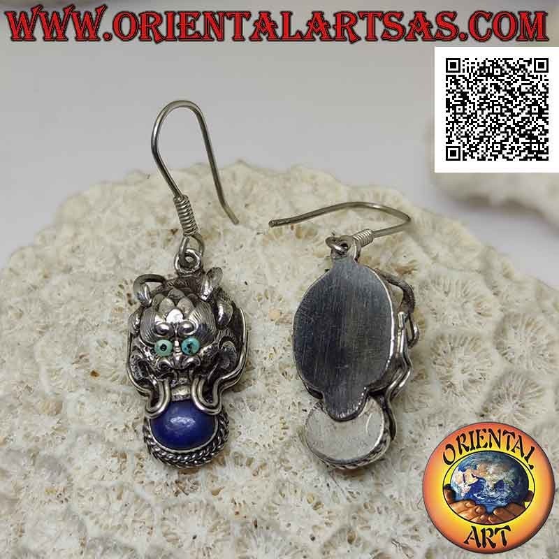 Nepalese dragon-shaped silver earrings with oval lapis lazuli in the mouth