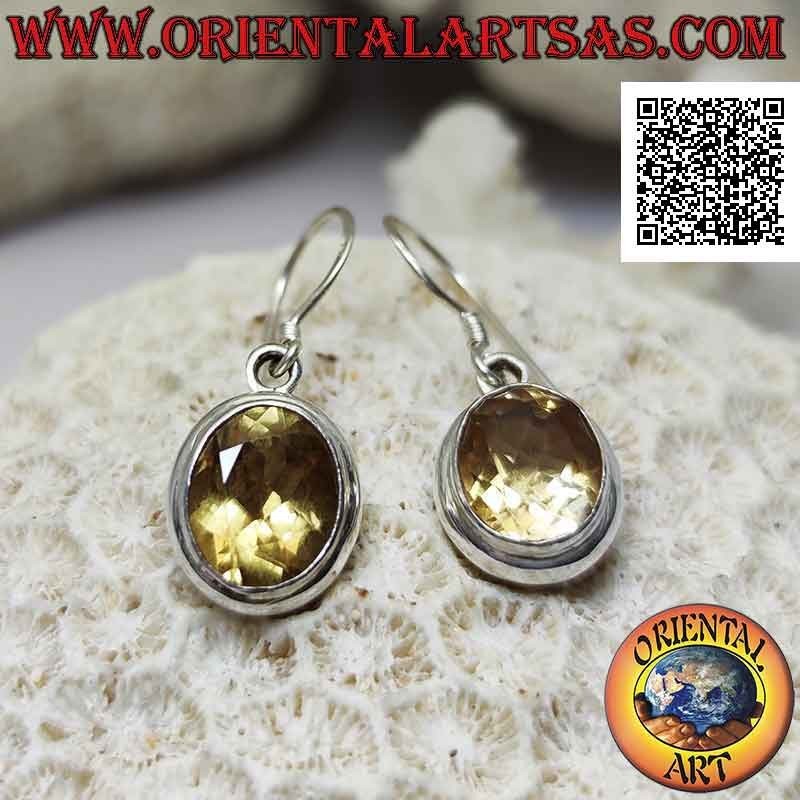 Boucles d'oreilles en argent avec topaze citrine ovale facettée sur monture lisse à double bord arrondi
