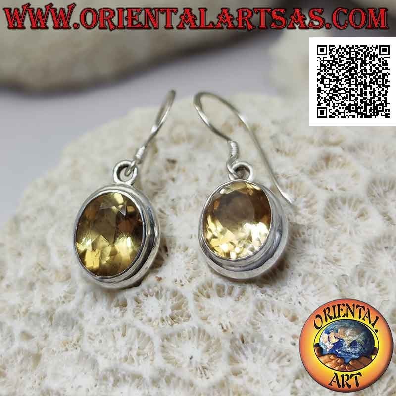 Silver leverback earrings with faceted oval citrine topaz on smooth frame with double rounded edge