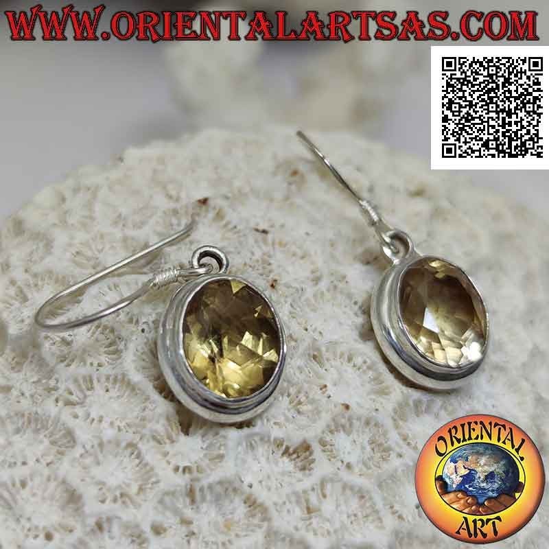 Boucles d'oreilles en argent avec topaze citrine ovale facettée sur monture lisse à double bord arrondi