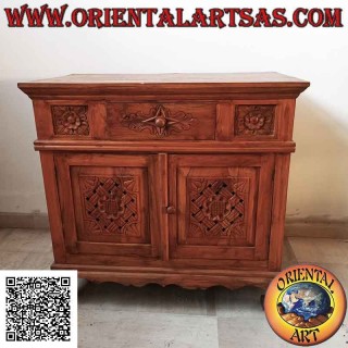 Buffet avec 2 portes et 1 tiroir avec décorations florales sculptées à la main en bois de teck