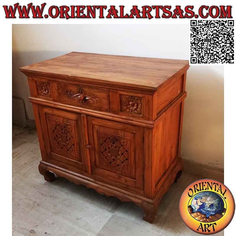 Buffet with 2 doors and 1 drawer with hand-carved floral decorations in teak wood