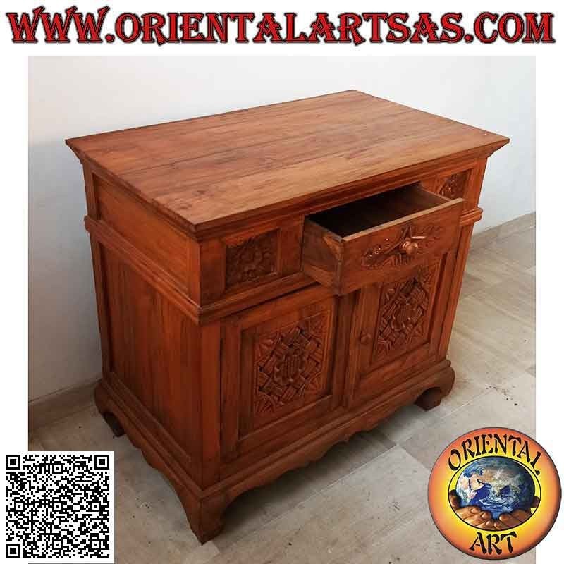 Buffet avec 2 portes et 1 tiroir avec décorations florales sculptées à la main en bois de teck