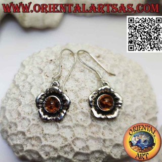 Silver pendant earrings in the shape of a flower with large round cabochon amber