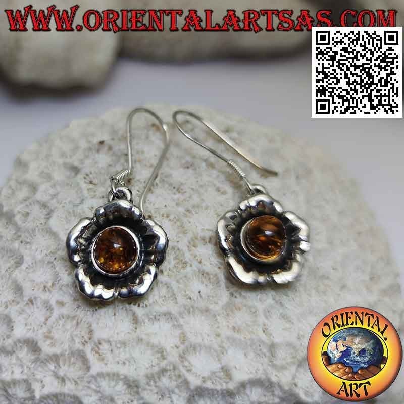 Orecchini in argento pendenti a forma di fiore con grande ambra tonda cabochon