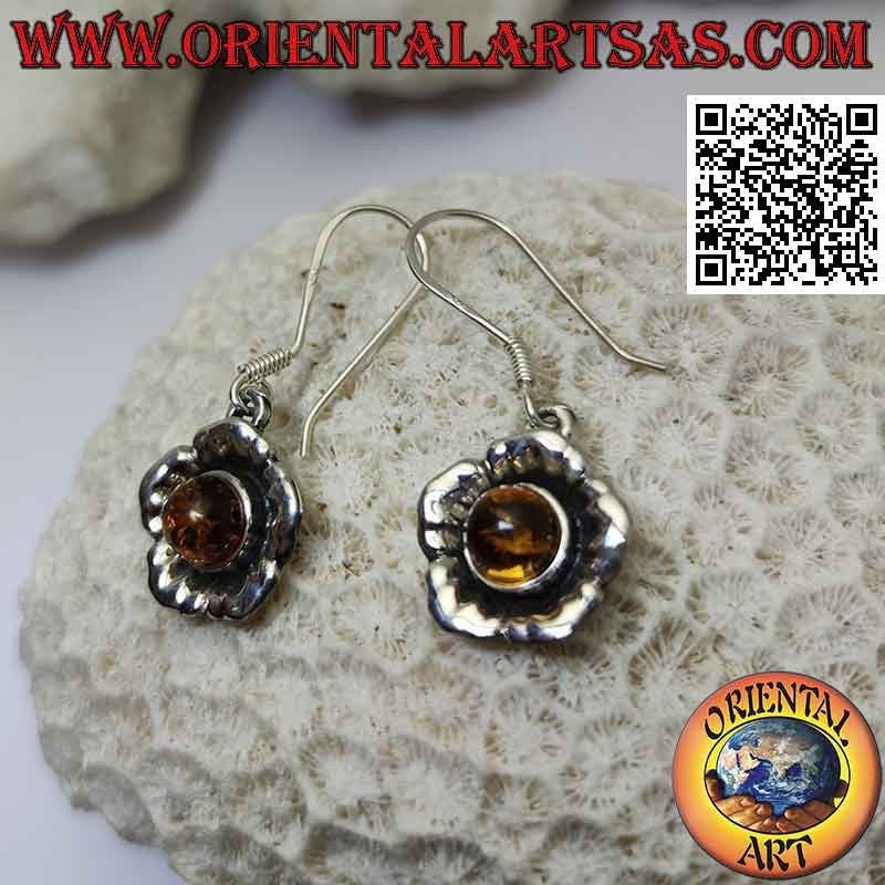 Boucles d'oreilles pendantes en argent en forme de fleur avec grand cabochon rond ambre