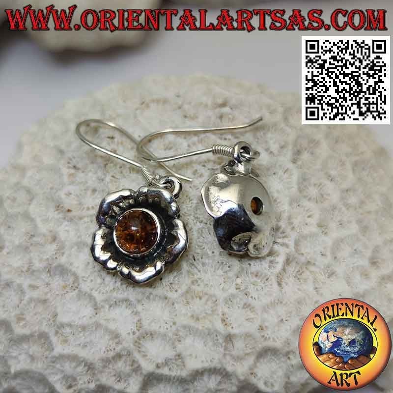 Boucles d'oreilles pendantes en argent en forme de fleur avec grand cabochon rond ambre