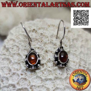 Boucles d'oreilles pendantes en argent avec ambre ovale entouré de boules et de disques alternés