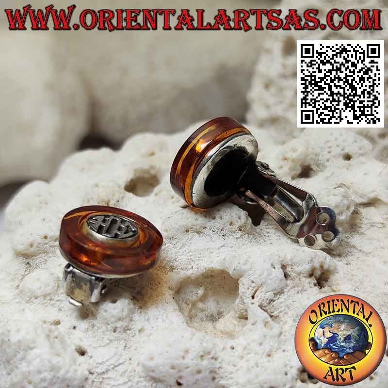 Boucles d'oreilles clip en argent, disque ambre avec décoration ethnique à l'intérieur