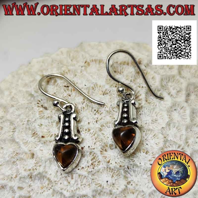 Boucles d'oreilles pendantes en argent avec quatre boules entre deux lignes et ambre en forme de coeur