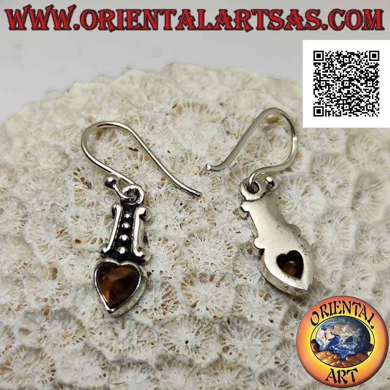 Silver pendant earrings with four balls between two lines and amber in the shape of a heart