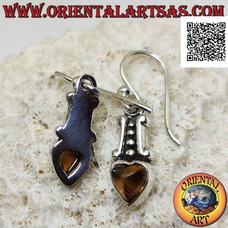 Silver pendant earrings with four balls between two lines and amber in the shape of a heart