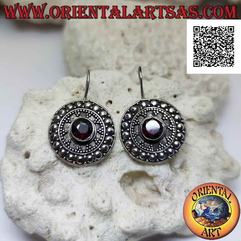 Silver shield earrings with faceted round garnet and ethnic decoration of balls and studs