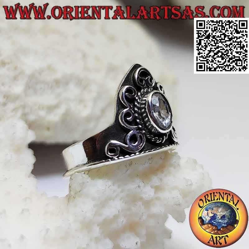 Anillo corona de plata con circonitas ovaladas y adornos en relieve (ajustable)