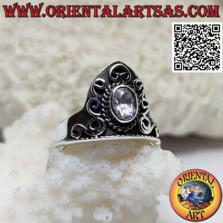 Silver crown ring with oval zircon and embossed decorations (adjustable)