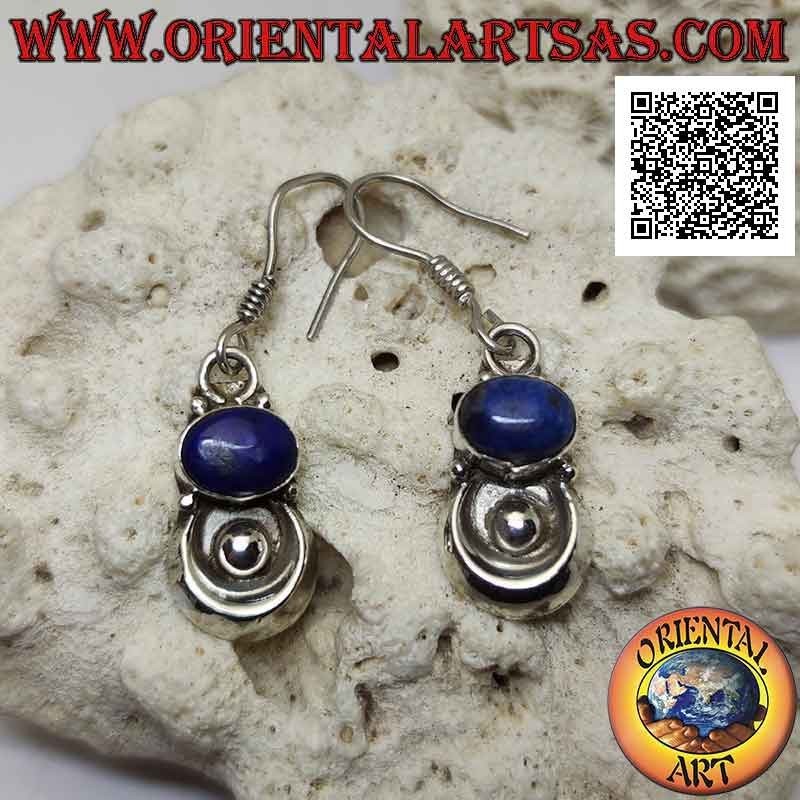 Silver leverback earrings with horizontal lapis lazuli and semicircle with ball underneath