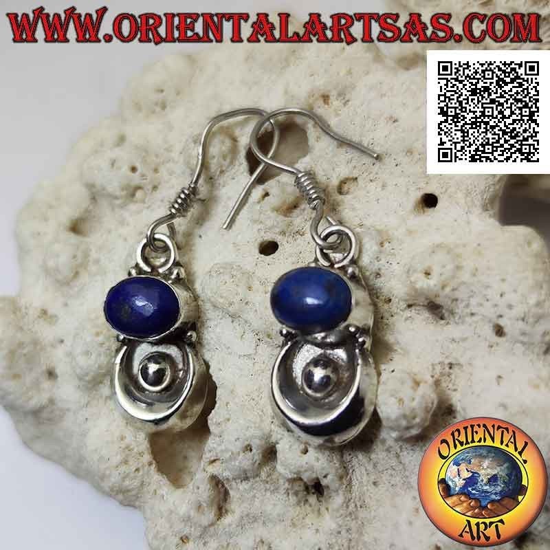 Boucles d'oreilles en argent avec lapis-lazuli horizontal et demi-cercle avec boule en dessous