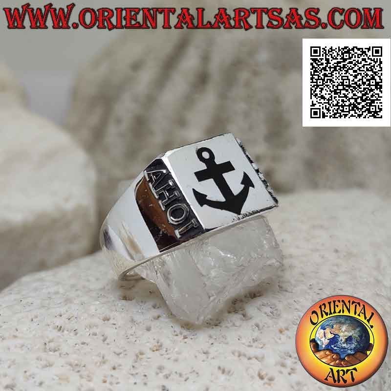 Smooth silver ring with onyx anchor in the square and marine exclamation "AHOI! Embossed on the sides