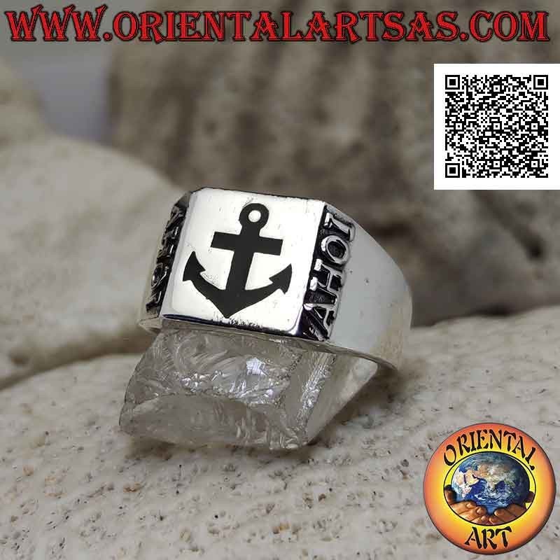 Smooth silver ring with onyx anchor in the square and marine exclamation "AHOI! Embossed on the sides