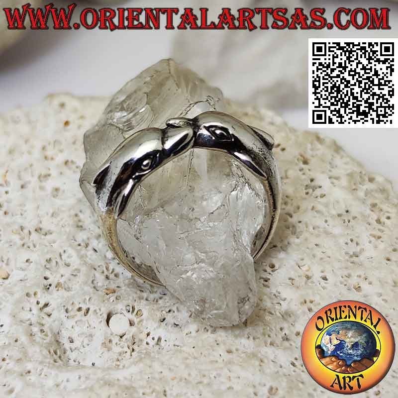 Anello in argento, coppia di delfini con pinna sul dorso avvolgenti in verso opposto