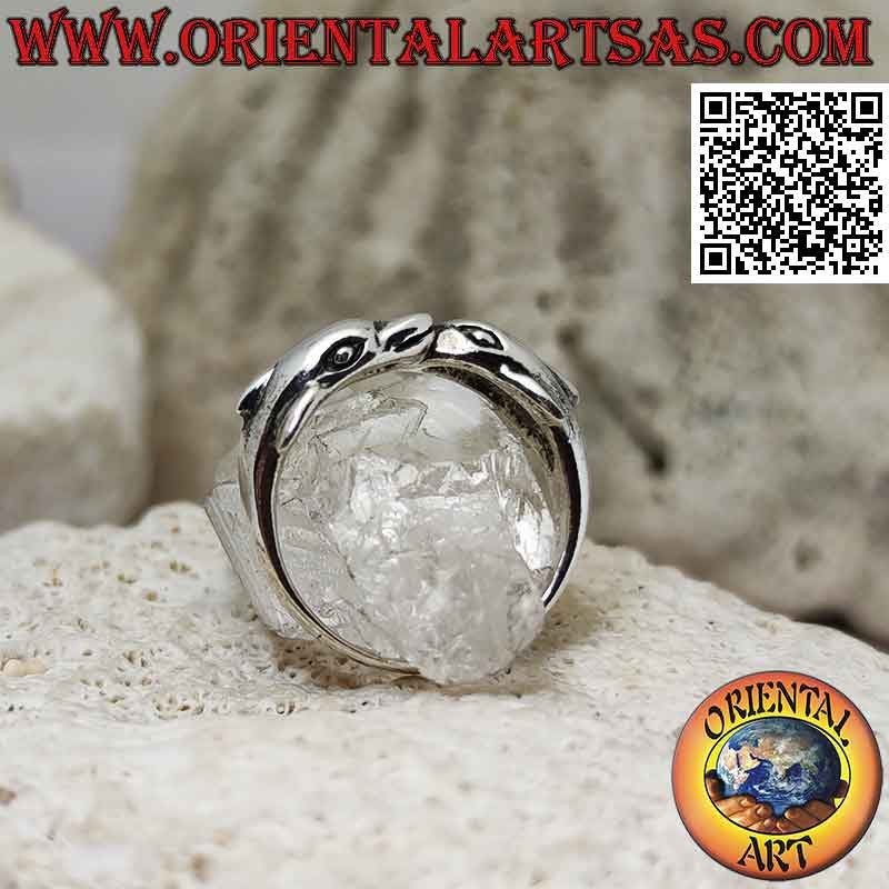 Bague en argent, paire de dauphins avec nageoire au dos enveloppant dans le sens inverse