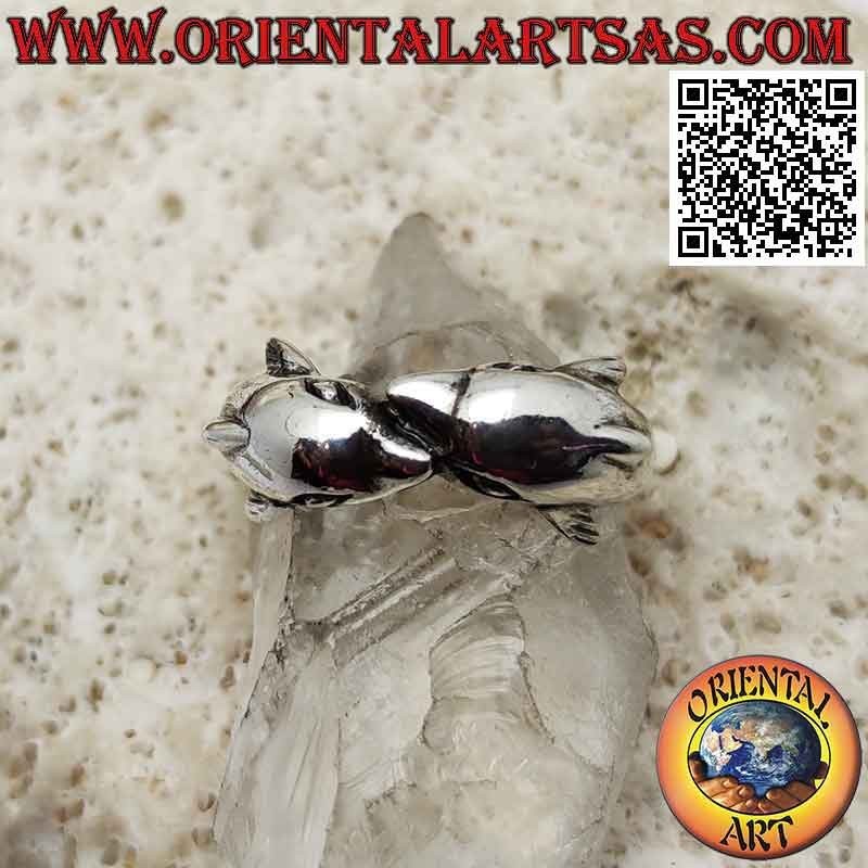Silver ring, pair of dolphins with fins on the back enveloping in the opposite direction