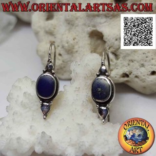 Silver leverback earrings with oval lapis lazuli on smooth setting with plate above and below