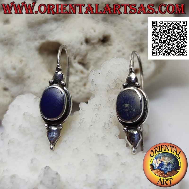 Silver leverback earrings with oval lapis lazuli on smooth setting with plate above and below