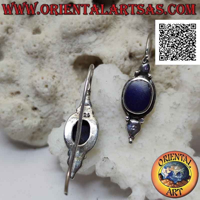 Silver leverback earrings with oval lapis lazuli on smooth setting with plate above and below