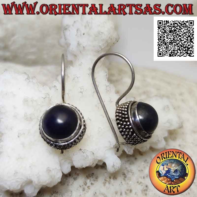 Hook silver earrings with round cabochon lapis lazuli surrounded by 4 rows of balls
