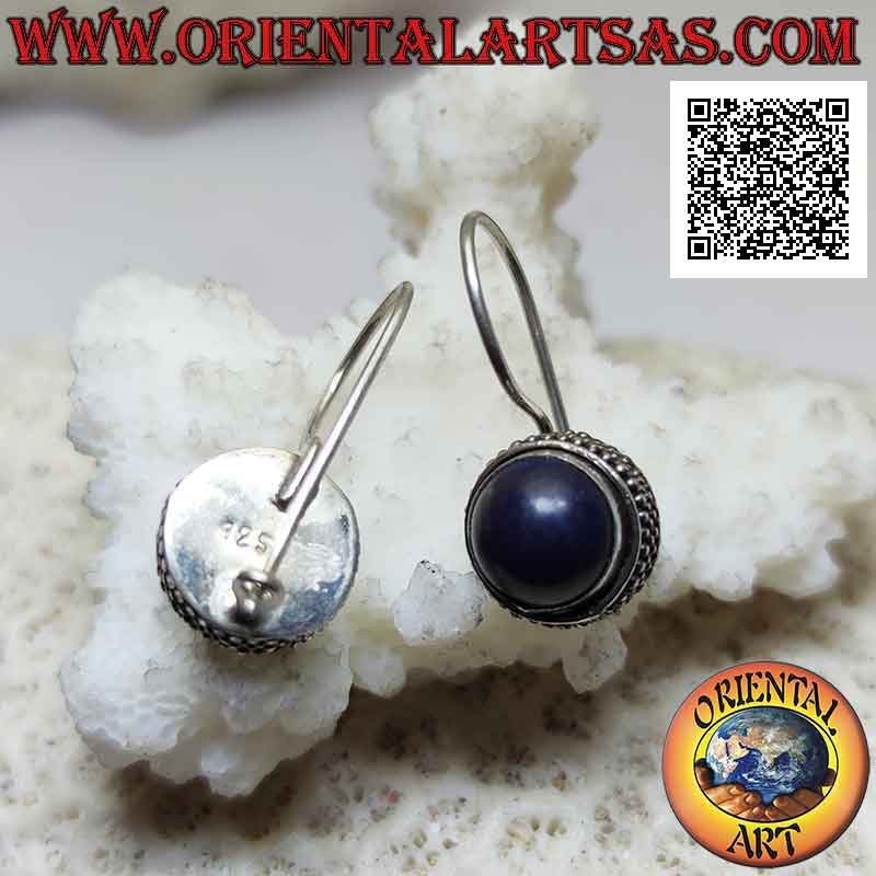 Hook silver earrings with round cabochon lapis lazuli surrounded by 4 rows of balls