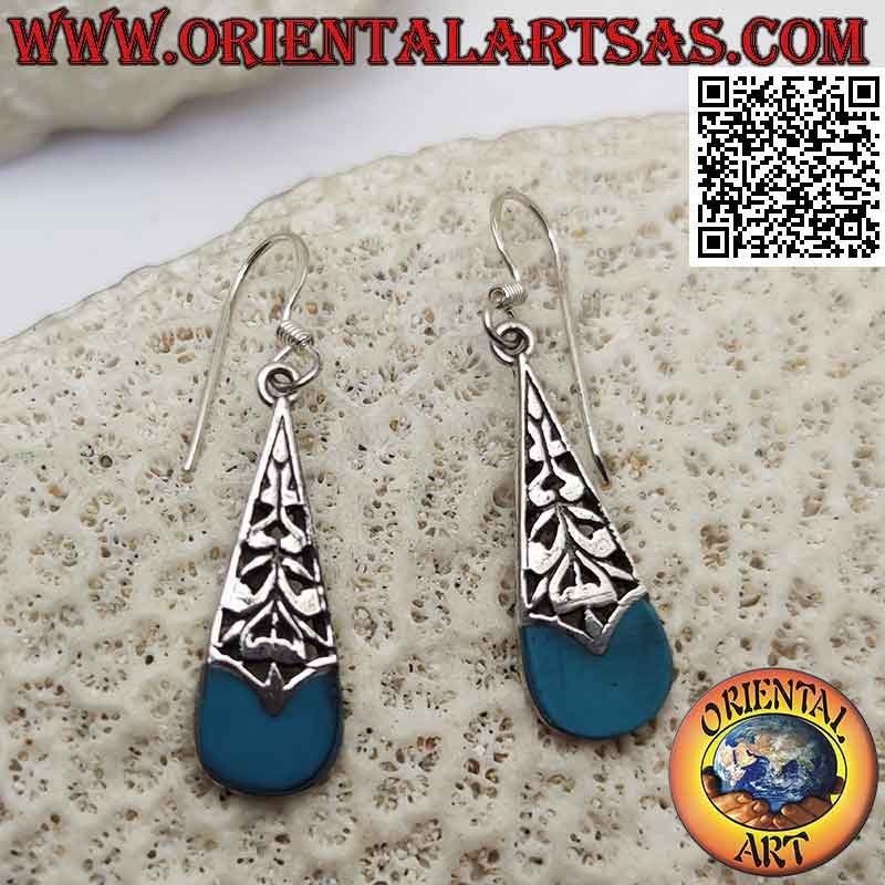 Pendants d'oreilles en argent forme goutte moitié turquoise et moitié percé