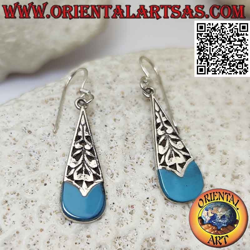 Pendants d'oreilles en argent forme goutte moitié turquoise et moitié percé