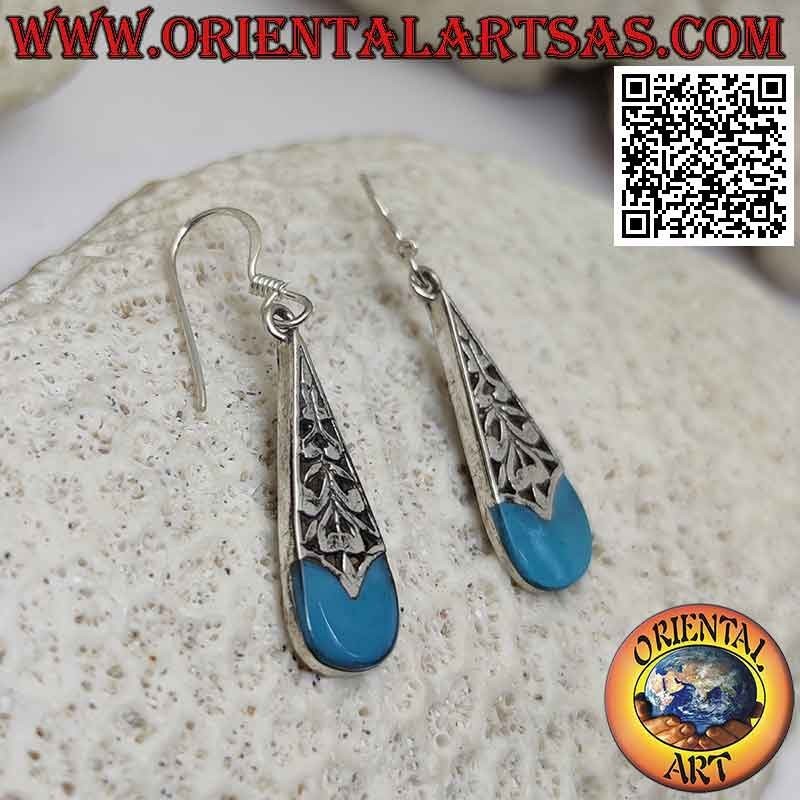 Orecchini in argento pendenti a forma di goccia metà in turchese e metà traforata