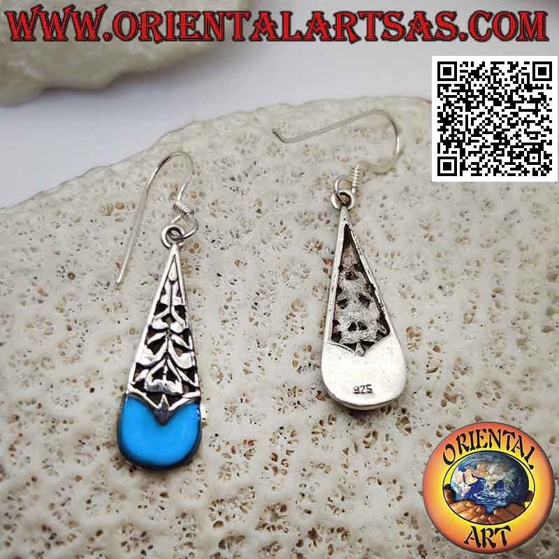 Drop-shaped silver drop earrings half in turquoise and half pierced