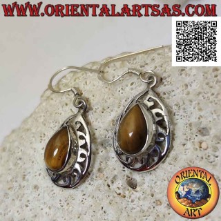 Orecchini in argento a monachella con occhio di tigra a goccia contornato da decorazione liscia traforata