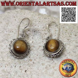 Boucles d'oreilles à levier en argent avec cabochon rond oeil de tigre entouré d'une ligne hélicoïdale