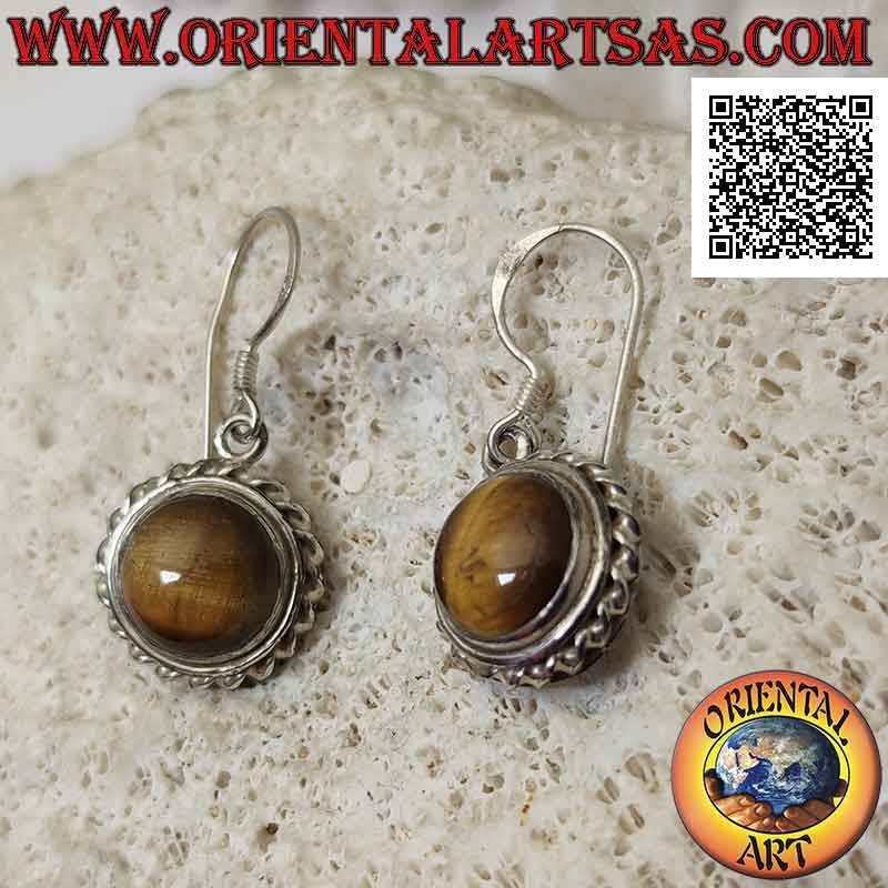 Boucles d'oreilles à levier en argent avec cabochon rond oeil de tigre entouré d'une ligne hélicoïdale