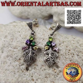 Boucles d'oreilles lobe en argent serti de 5 zircons multicolores et feuille cloutée de marcassite