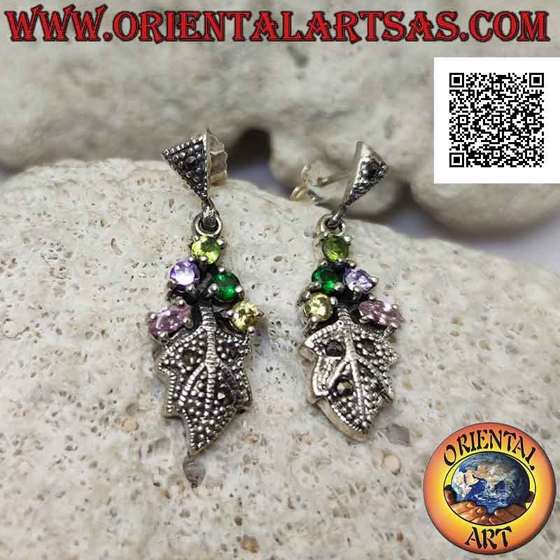 Boucles d'oreilles lobe en argent serti de 5 zircons multicolores et feuille cloutée de marcassite